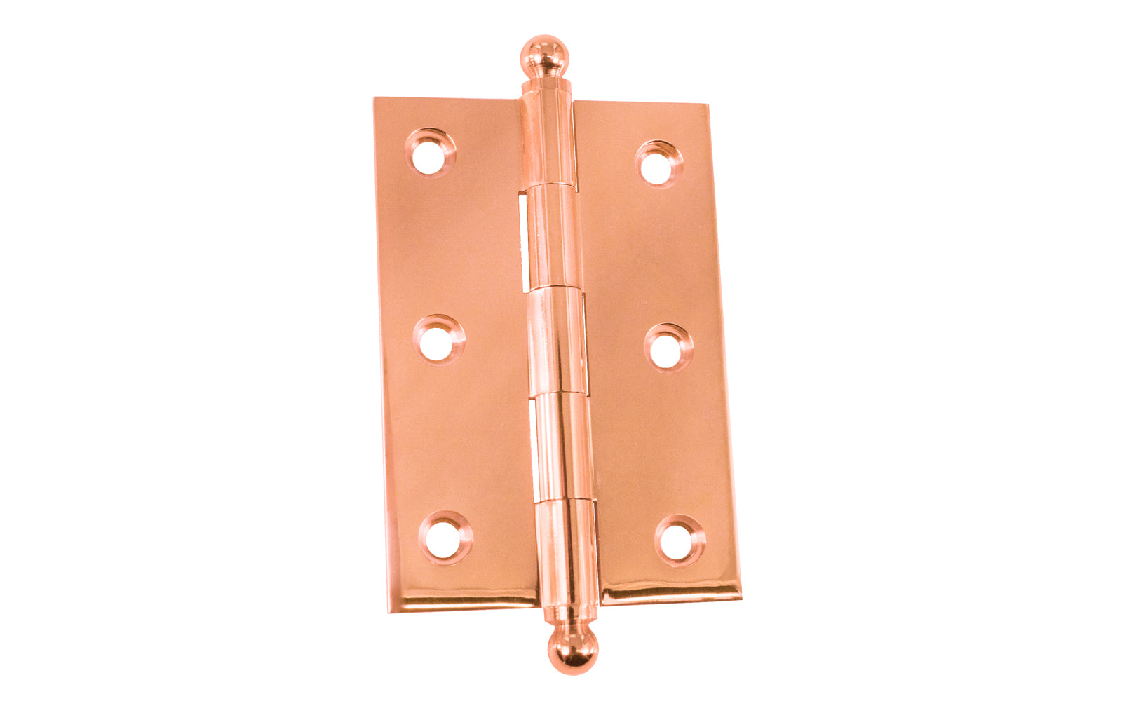 Classic Solid Brass Ball-Tip Cabinet Hinge ~ 2-1/2" x 1-3/4". Full mortise extruded hinges. 3/32" heavy duty leaf thickness gauge. Non-removable fixed hinge pin with ball tips. High quality thick cabinet hinge with ball tips. Polished Copper Finish.