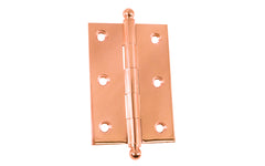 Classic Solid Brass Ball-Tip Cabinet Hinge ~ 2-1/2" x 1-3/4". Full mortise extruded hinges. 3/32" heavy duty leaf thickness gauge. Non-removable fixed hinge pin with ball tips. High quality thick cabinet hinge with ball tips. Polished Copper Finish.