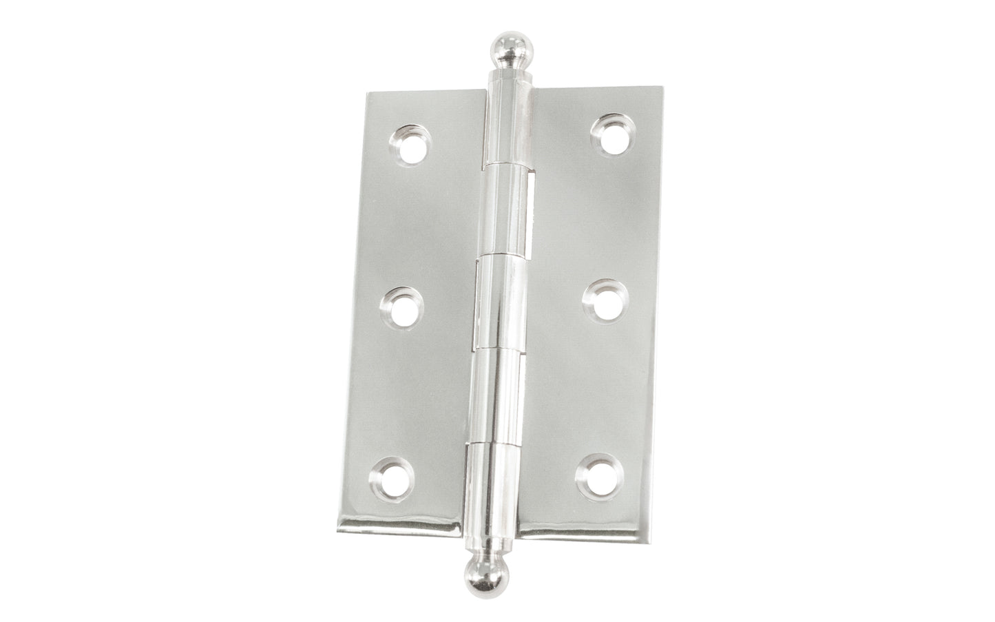 Classic Solid Brass Ball-Tip Cabinet Hinge ~ 2-1/2" x 1-3/4". Full mortise extruded hinges. 3/32" heavy duty leaf thickness gauge. Non-removable fixed hinge pin with ball tips. High quality thick cabinet hinge with ball tips. Polished  Chrome finish.