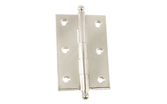 Classic Solid Brass Ball-Tip Cabinet Hinge ~ 2-1/2" x 1-3/4". Full mortise extruded hinges. 3/32" heavy duty leaf thickness gauge. Non-removable fixed hinge pin with ball tips. High quality thick cabinet hinge with ball tips. Polished Nickel finish.