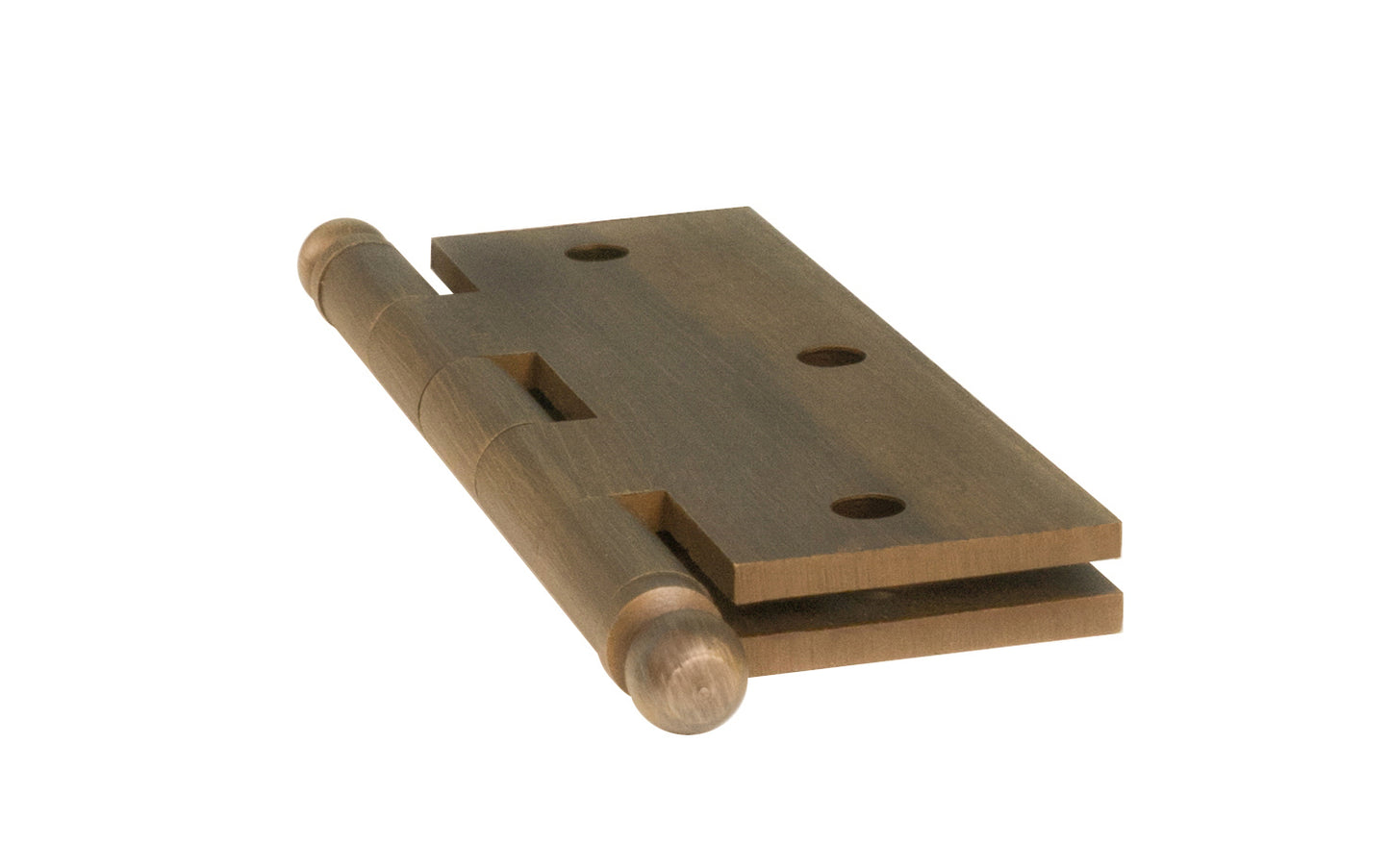 Classic Solid Brass Ball-Tip Cabinet Hinge ~ 2-1/2" x 2". Full mortise extruded hinges. 3/32" heavy duty leaf thickness gauge. Non-removable fixed hinge pin with ball tips. High quality thick cabinet hinge with ball tips. Antique Brass finish. Side View.