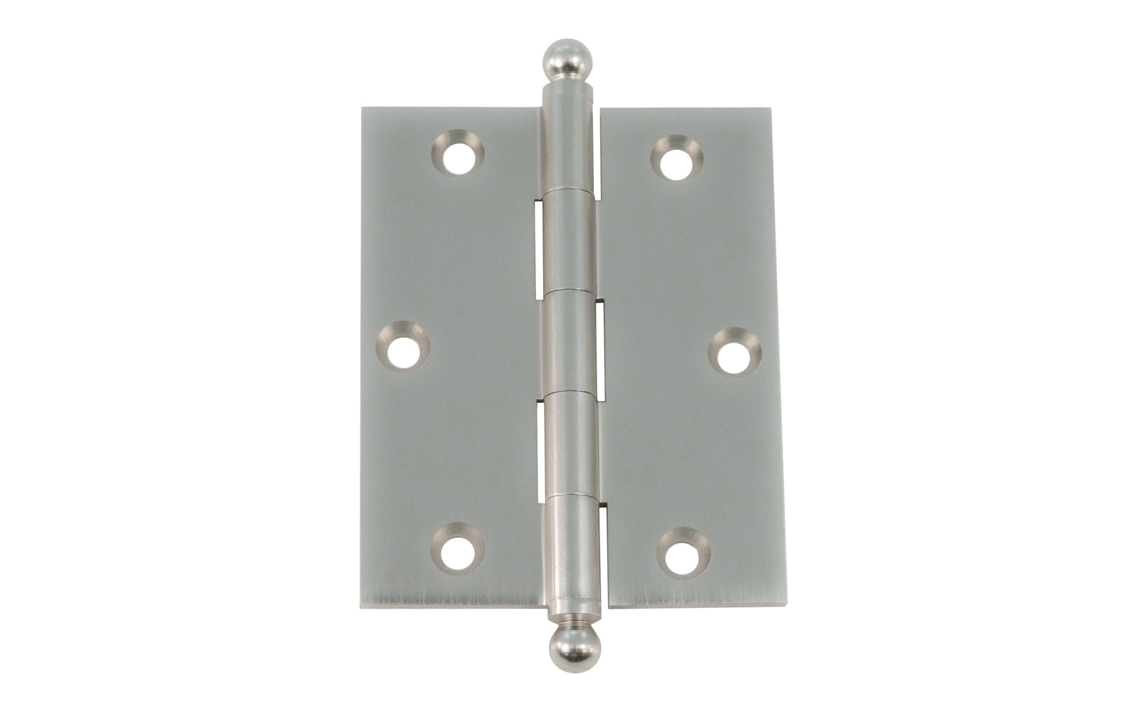 Classic Solid Brass Ball-Tip Cabinet Hinge ~ 2-1/2" x 2". Full mortise extruded hinges. 3/32" heavy duty leaf thickness gauge. Non-removable fixed hinge pin with ball tips. High quality thick cabinet hinge with ball tips. Brushed Nickel finish.