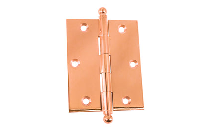 Classic Solid Brass Ball-Tip Cabinet Hinge ~ 2-1/2" x 2". Full mortise extruded hinges. 3/32" heavy duty leaf thickness gauge. Non-removable fixed hinge pin with ball tips. High quality thick cabinet hinge with ball tips. Polished Copper finish.