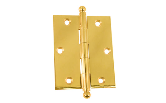 Classic Solid Brass Ball-Tip Cabinet Hinge ~ 2-1/2" x 2". Full mortise extruded hinges. 3/32" heavy duty leaf thickness gauge. Non-removable fixed hinge pin with ball tips. High quality thick cabinet hinge with ball tips. Unlacquered brass (will patina over time). Un-lacquered brass. Non-lacquered brass.