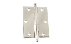 Classic Solid Brass Ball-Tip Cabinet Hinge ~ 2-1/2" x 2". Full mortise extruded hinges. 3/32" heavy duty leaf thickness gauge. Non-removable fixed hinge pin with ball tips. High quality thick cabinet hinge with ball tips. Polished Nickel finish.