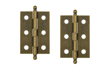 Traditional & classic ball-tip steel cabinet hinges with loose pins. Removable hinge pins which makes for easy installation when working with cabinets. 2" high x 1-3/8" wide. Sold as a pair of hinges. Antique Brass finish.