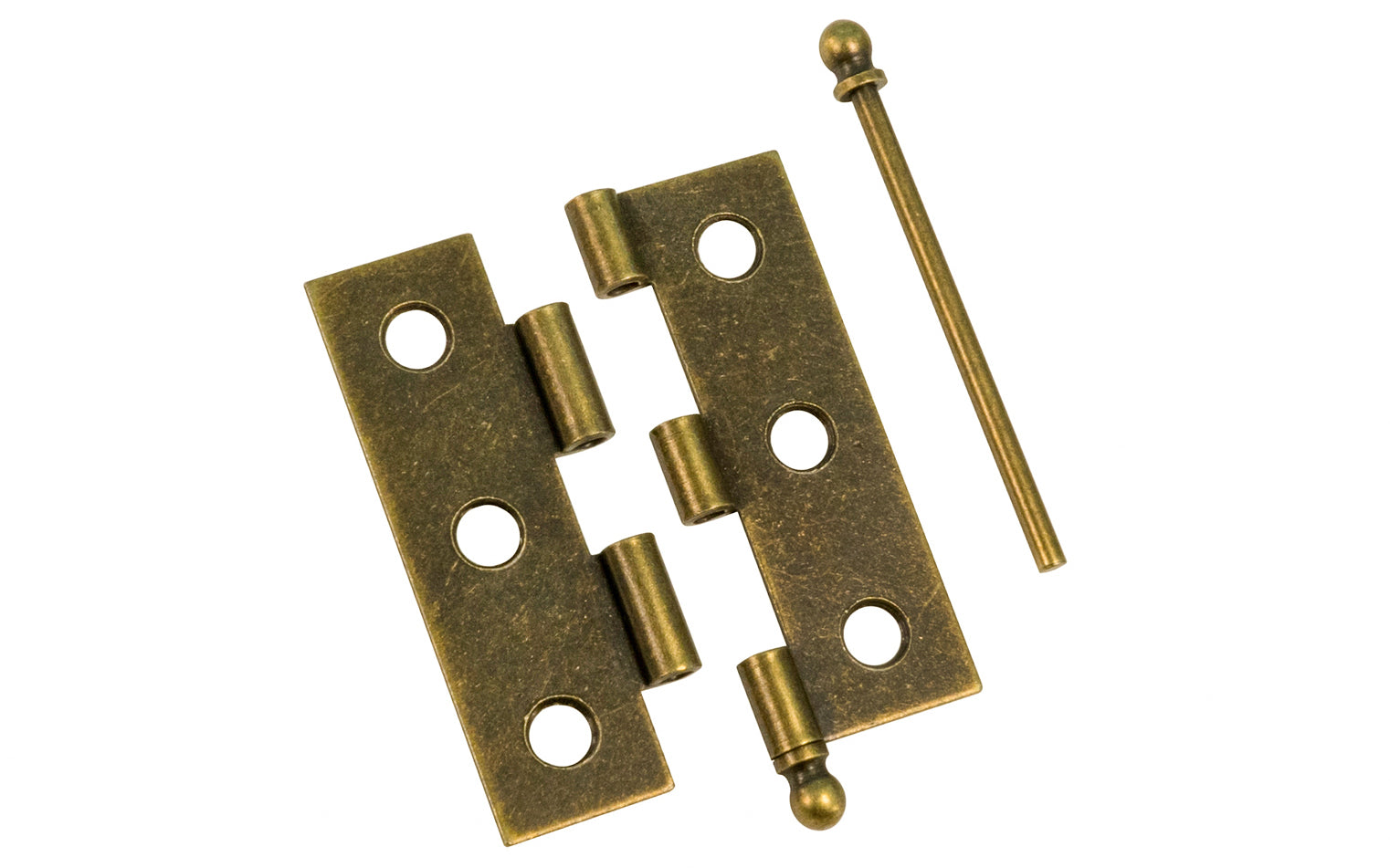 Traditional & classic ball-tip steel cabinet hinges with loose pins. Removable hinge pins which makes for easy installation when working with cabinets. 2" high x 1-3/8" wide. Sold as a pair of hinges. Antique Brass finish.