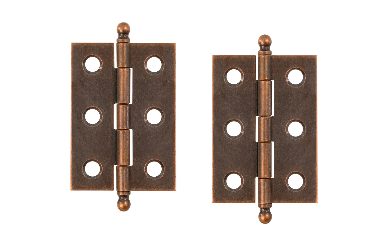 Traditional & classic ball-tip steel cabinet hinges with loose pins. Removable hinge pins which makes for easy installation when working with cabinets. 2" high x 1-3/8" wide. Sold as a pair of hinges. Antique Copper Finish.