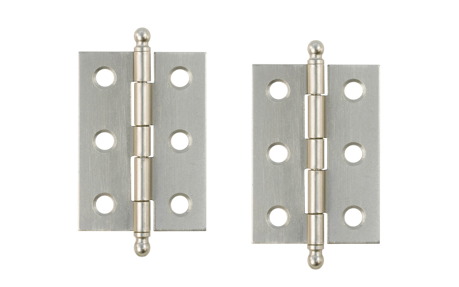 Traditional & classic ball-tip steel cabinet hinges with loose pins. Removable hinge pins which makes for easy installation when working with cabinets. 2" high x 1-3/8" wide. Sold as a pair of hinges. Brushed Nickel finish.