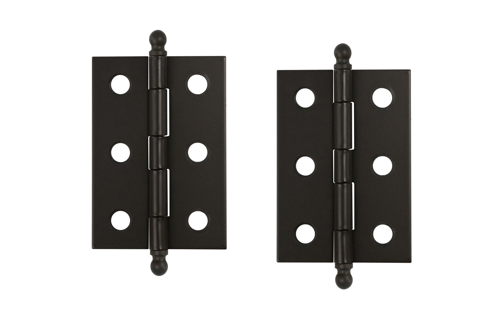 Traditional & classic ball-tip steel cabinet hinges with loose pins. Removable hinge pins which makes for easy installation when working with cabinets. 2" high x 1-3/8" wide. Sold as a pair of hinges. Oil Rubbed Bronze Finish.