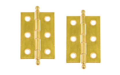 Traditional & classic ball-tip steel cabinet hinges with loose pins. Removable hinge pins which makes for easy installation when working with cabinets. 2" high x 1-3/8" wide. Sold as a pair of hinges. Brass Plated finish.