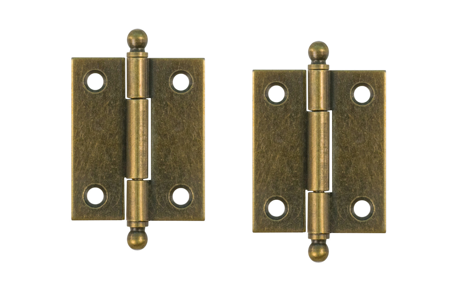 Traditional & classic ball-tip steel cabinet hinges with loose pins. Removable hinge pins makes for easy installation when working with cabinets. 1-15/16" high x 1-5/8" wide. Sold as a pair of hinges. Antique Brass Finish.