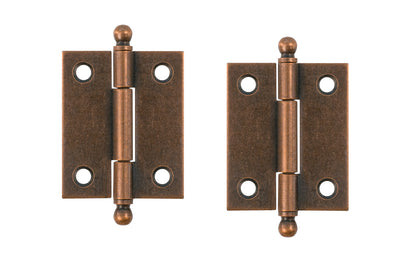 Traditional & classic ball-tip steel cabinet hinges with loose pins. Removable hinge pins makes for easy installation when working with cabinets. 1-15/16" high x 1-5/8" wide. Sold as a pair of hinges. Antique Copper Finish.