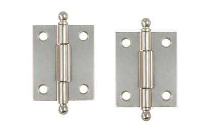 Traditional & classic ball-tip steel cabinet hinges with loose pins. Removable hinge pins makes for easy installation when working with cabinets. 1-15/16" high x 1-5/8" wide. Sold as a pair of hinges. Brushed Nickel Finish.