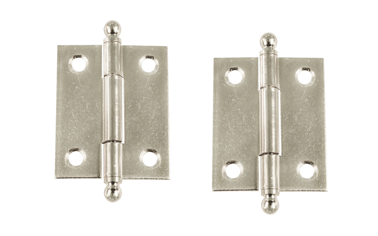 Traditional & classic ball-tip steel cabinet hinges with loose pins. Removable hinge pins makes for easy installation when working with cabinets. 1-15/16" high x 1-5/8" wide. Sold as a pair of hinges. Polished Nickel Finish