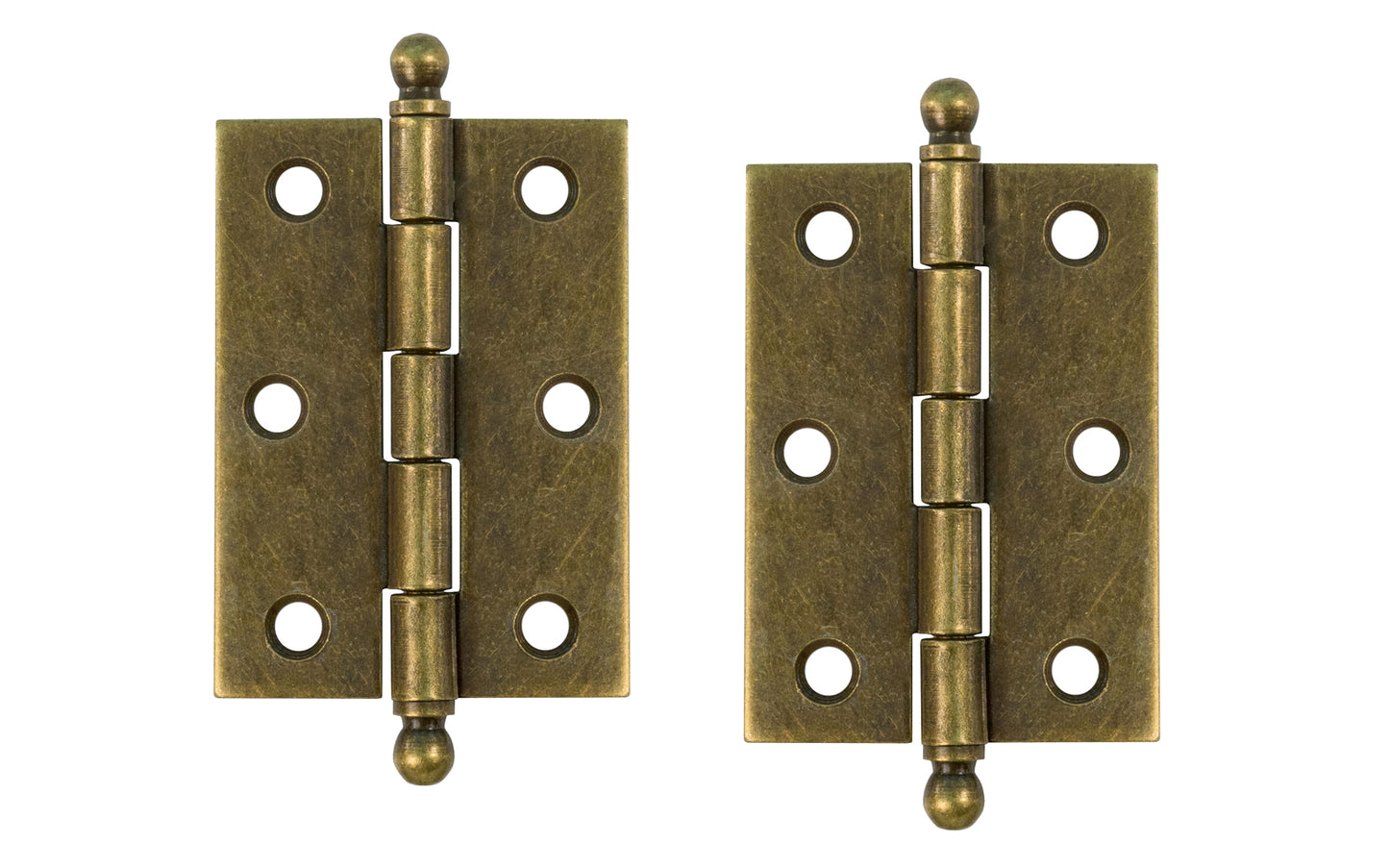 Traditional & classic ball-tip steel cabinet hinges with loose pins. Removable hinge pins which makes for easy installation when working with cabinets. 2-7/16" high x 1-3/4" wide. Sold as a pair. Antique Brass Finish.