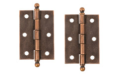Traditional & classic ball-tip steel cabinet hinges with loose pins. Removable hinge pins which makes for easy installation when working with cabinets. 2-7/16" high x 1-3/4" wide. Sold as a pair. Antique Copper Finish.