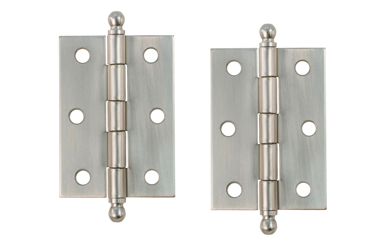 Traditional & classic ball-tip steel cabinet hinges with loose pins. Removable hinge pins which makes for easy installation when working with cabinets. 2-7/16" high x 1-3/4" wide. Sold as a pair. Brushed Nickel Finish.