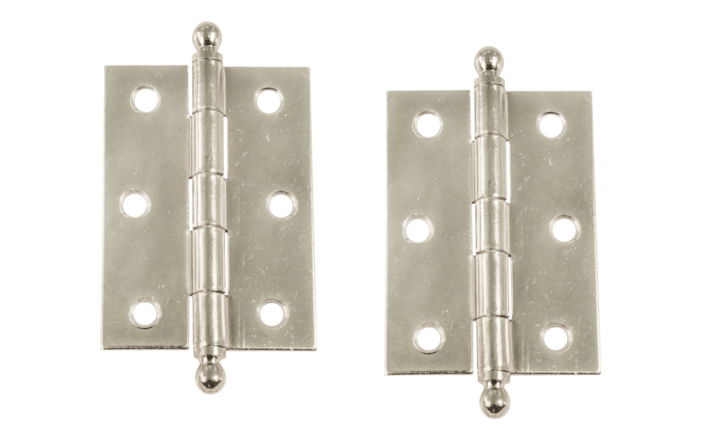 Traditional & classic ball-tip steel cabinet hinges with loose pins. Removable hinge pins which makes for easy installation when working with cabinets. 2-7/16" high x 1-3/4" wide. Sold as a pair. Polished Nickel Finish.