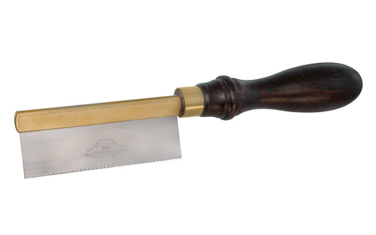 This "Gents Saw" is a high quality saw made by Crown Tools in England. It's a small dovetail back saw with 25 TPI with a narrow kerf for fine joints & dovetails, model making, etc. 6" (102 mm) blade length. Blade is made of high quality carbon steel. Brass backing. Model No. 187M. Made in Sheffield, England. 