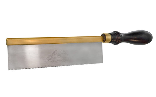 This "Gents Saw" is a high quality saw made by Crown Tools in England. It's a dovetail back saw with 17 TPI with a narrow kerf for fine joints & dovetails, model making, etc. 8" (203 mm) blade length. Blade is made of high quality carbon steel. Brass backing. Model No. 187. Made in Sheffield, England. 
