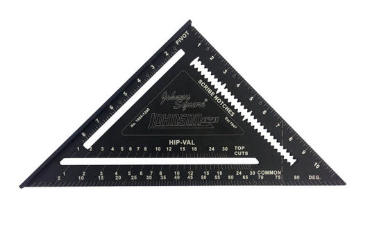 Johnson Level Model 1904-1200. 12" Johnson rafter square. Solid aluminum body with CNC machined edges for greater accuracy & durability. "EZ Read" laser etched graduations are highly visible. Thick edge useful as saw guide. Anti-glare protective coating. "Johnny Square". 2x4 board dimension markers. 049448190416