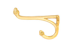 Vintage-style unlacquered solid brass hook with acorn tip. Excellent for use in hallways, hall trees, kitchens, bathrooms. The double hook is made of solid brass material, great for heavy coats & clothing. Designed in the Victorian, Late 19th Century, Early 20th Century style hardware. 3-3/4" projection. Non-lacquered brass