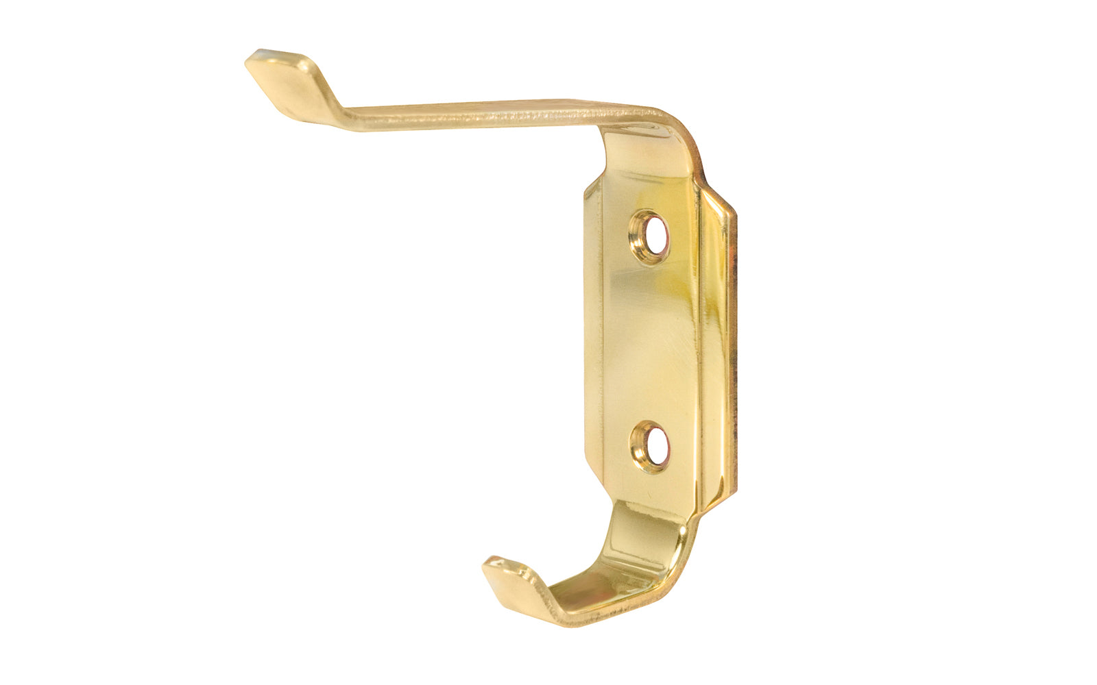 A retro looking & attractive Art-Deco style unlacquered brass hook. Made of quality solid brass material, this double hook is great for use in hallways, kitchens, bathrooms, hall trees, bedrooms, & many other places. Designed in the 1930's, Streamline, Machine Age, Art Deco style of hardware. 2-3/8