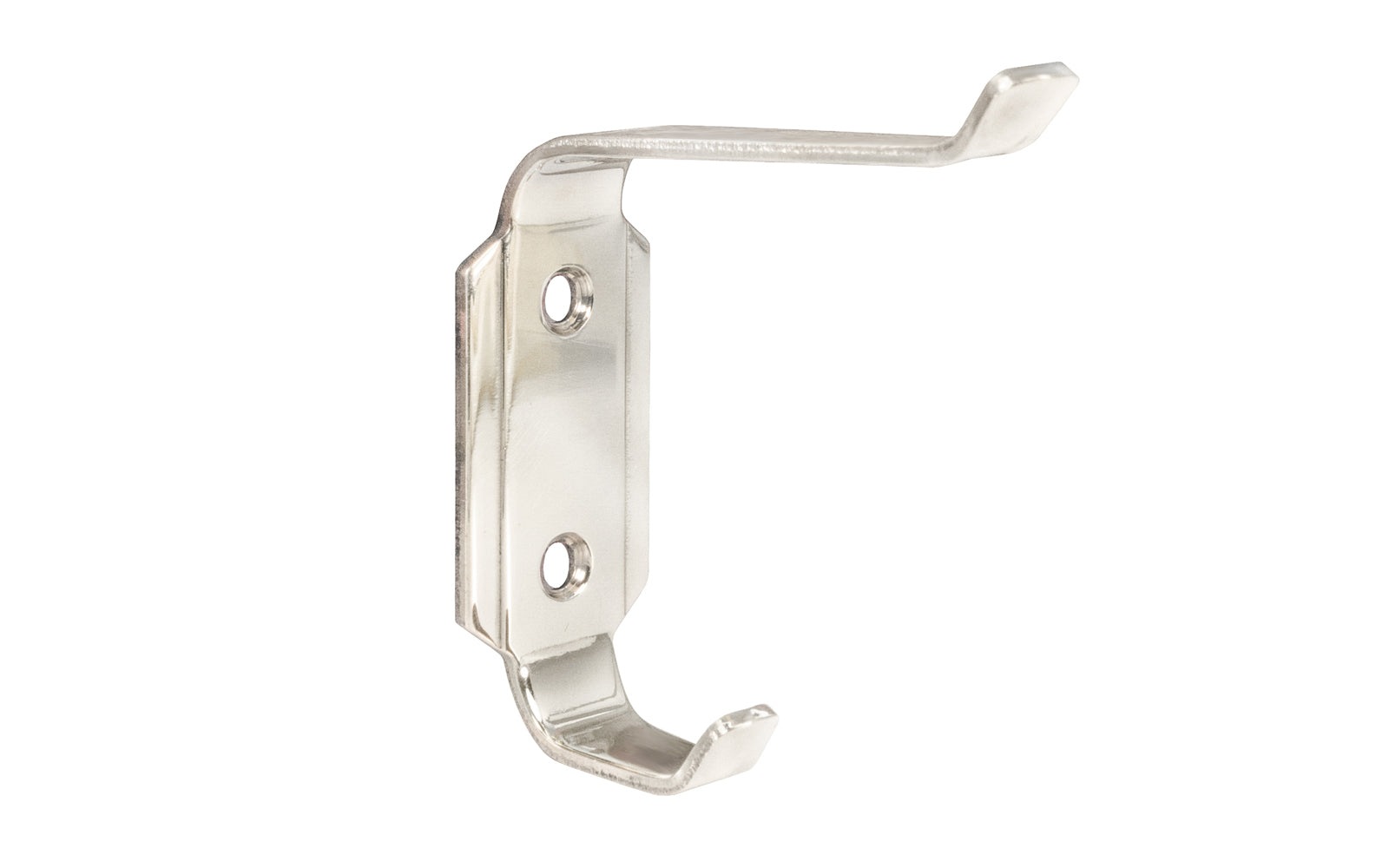 A retro looking & attractive Art-Deco style polished nickel finish hook. Made of quality solid brass material, this double hook is great for use in hallways, kitchens, bathrooms, hall trees, bedrooms, & many other places. Designed in the 1930's, Streamline, Machine Age, Art Deco style of hardware. 2-3/8