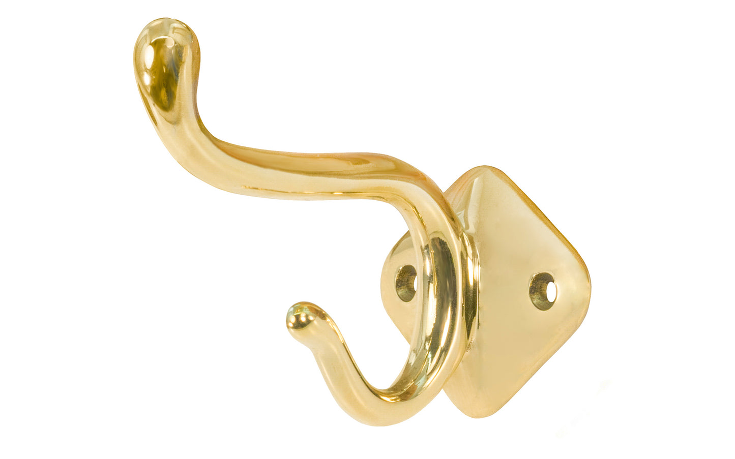 Vintage-style unlacquered brass double hook. For use in hallways, hall trees, kitchens, bathrooms, bedrooms. Made of solid brass, the hook is sturdy for heavy coats, bags & clothing. The hook is designed in a early 20th Century style, Arts & Crafts style of hardware. Non-lacquered brass. Authentic reproduction hardware