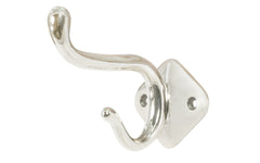 Vintage-style polished nickel finish double hook. For use in hallways, hall trees, kitchens, bathrooms, bedrooms. Made of solid brass, the hook is sturdy for heavy coats, bags & clothing. The hook is designed in a early 20th Century style, Arts & Crafts style of hardware. Bright Nickel. Authentic reproduction hardware
