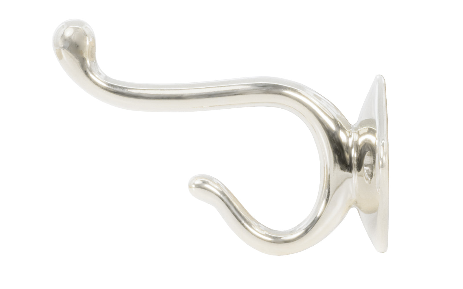 Vintage-style polished nickel finish double hook. For use in hallways, hall trees, kitchens, bathrooms, bedrooms. Made of solid brass, the hook is sturdy for heavy coats, bags & clothing. The hook is designed in a early 20th Century style, Arts & Crafts style of hardware. Bright Nickel. Authentic reproduction hardware