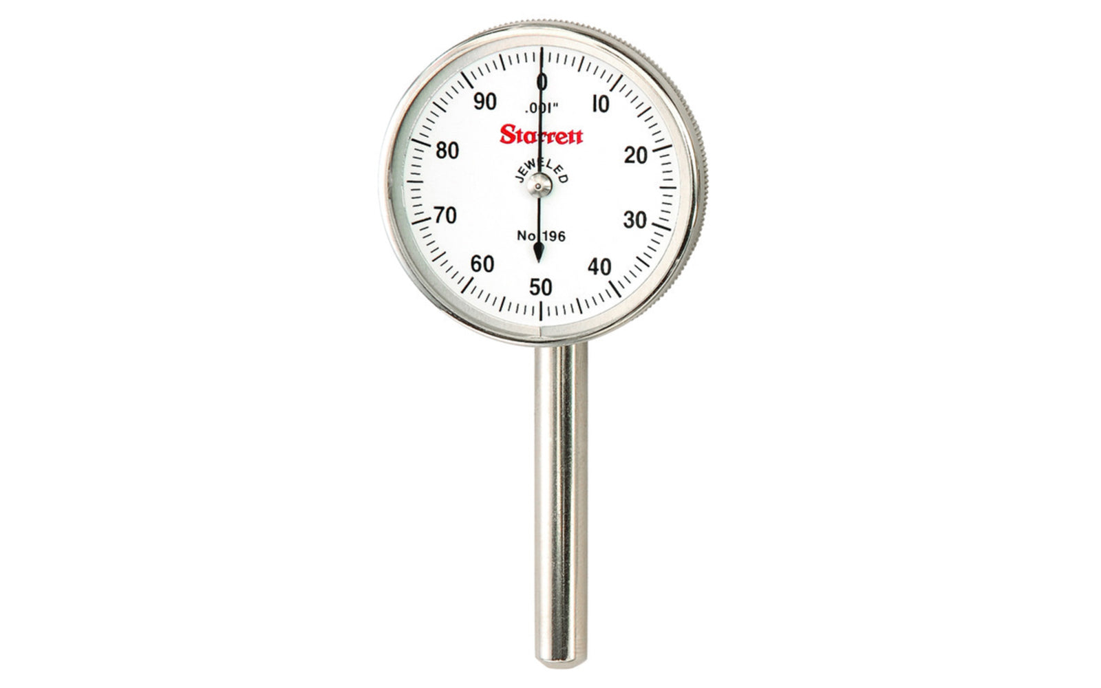 Starrett Universal Back Plunger Dial Indicator - 196B1. 0.200" Range, 0-100 Dial Face, .001" Graduations. 50699. Made in USA.