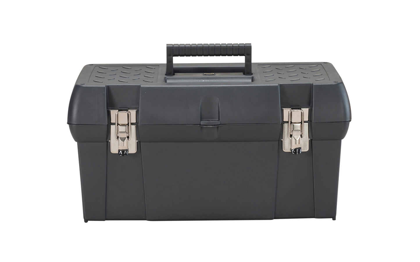 Stanley 19" Toolbox Model No. STST19005 features metal latches, builtin organizers & removable tray. Slot for exterior padlock helps ensure contents are secure. Overall size:  19-3/8"  Long  x  9-5/8"  High  x  9-7/8"  Deep. Made of plastic material. 076174928983. Made in USA. Removable tool tray with handle 