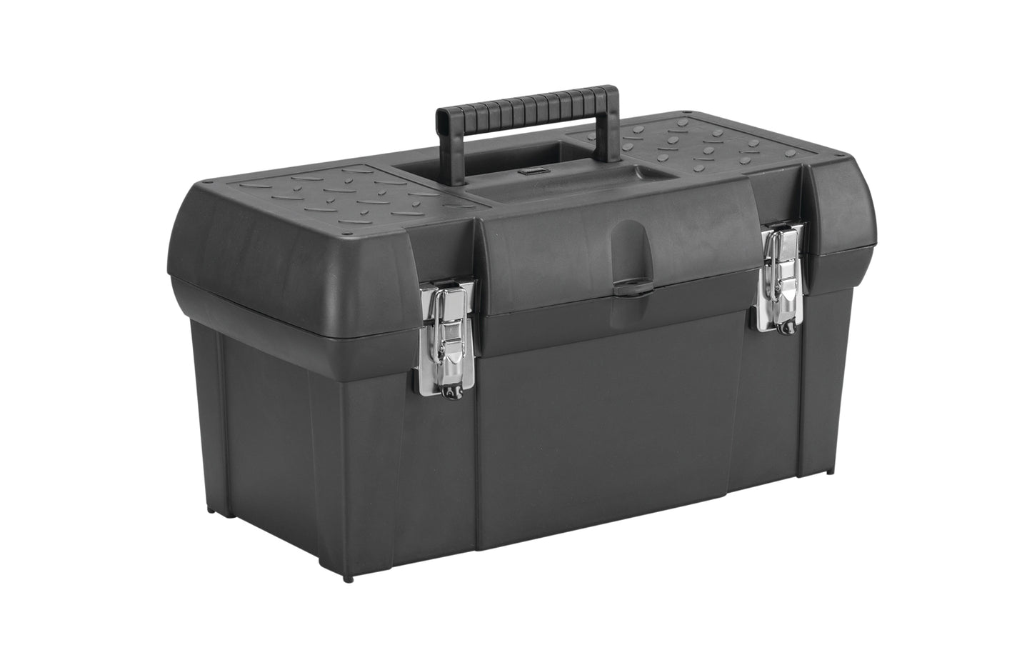 Stanley 19" Toolbox Model No. STST19005 features metal latches, builtin organizers & removable tray. Slot for exterior padlock helps ensure contents are secure. Overall size:  19-3/8"  Long  x  9-5/8"  High  x  9-7/8"  Deep. Made of plastic material. 076174928983. Made in USA. Removable tool tray with handle 