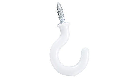 These 1" white vinyl coated steel cup hooks are designed for hanging workshop, home & industrial products. For interior & exterior applications. Sharp screw points bite into wood easily & quickly. National Hardware Model No. N119-728. 886780011739