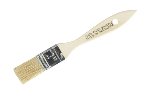 This 1" Bristle Chip Brush is made with white natural bristles for use with oil-based paints, stains, & finishes. Also excellent for use as parts cleaning brushes or to apply adhesives. Sanded wood handle & tin-plated ferrule. 1" wide chip brush. 100% pure bristle. 009326785981