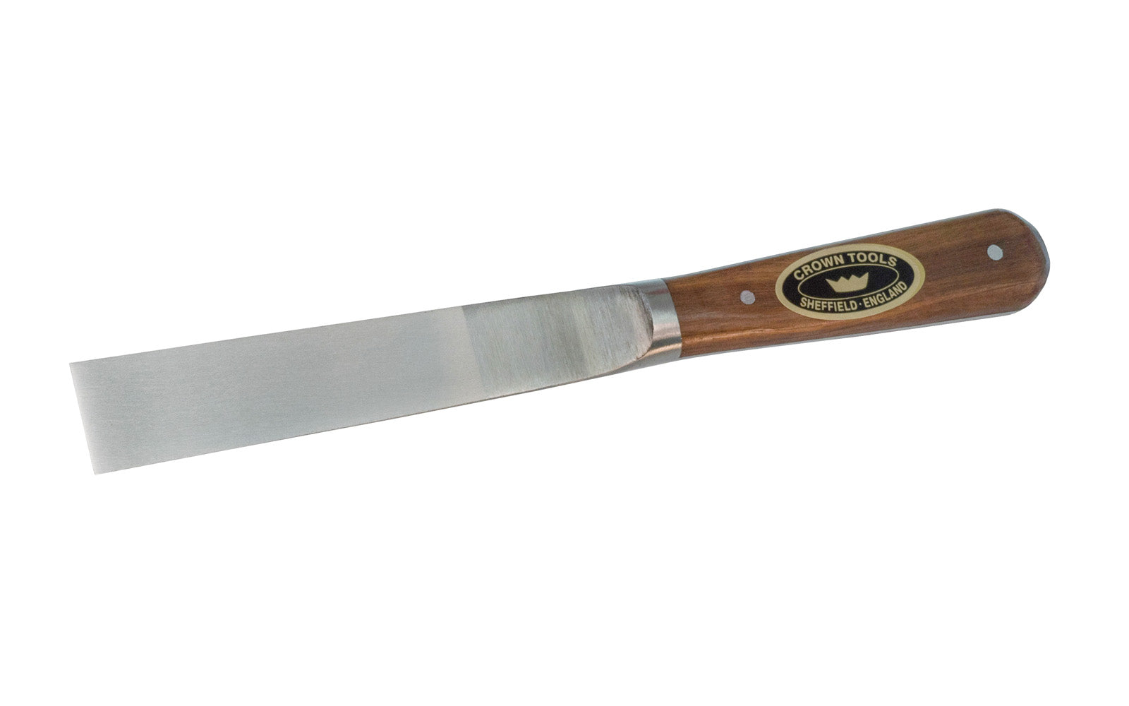 Crown Tools 1" (25 mm) Filing Knife with a flexible spring-tempered blade. High quality putty knife for filing holes, cracks, etc. Walnut wood handle. Made in Sheffield, England.
