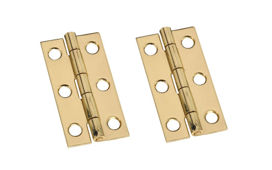 2" x 1" solid brass hinges are designed to add a decorative appearance to small boxes, jewelry boxes, small lightweight cabinet doors, craft projects, etc. Made of solid brass material with a bright brass finish. 2" high x 1" wide. Surface mount. Non-removable pin. Pair of hinges. National Hardware Model No. N211-235. 