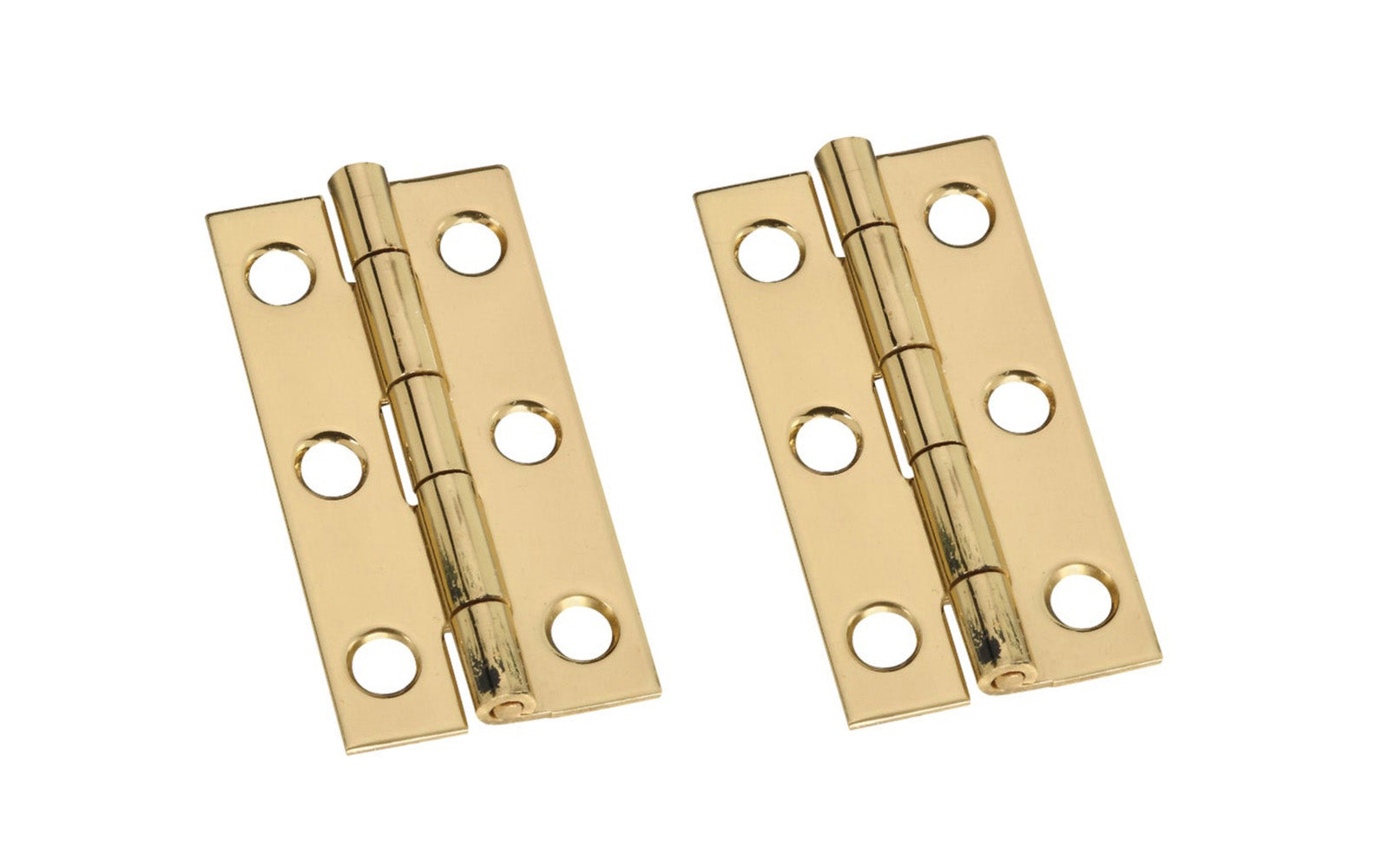 2" x 1" solid brass hinges are designed to add a decorative appearance to small boxes, jewelry boxes, small lightweight cabinet doors, craft projects, etc. Made of solid brass material with a bright brass finish. 2" high x 1" wide. Surface mount. Non-removable pin. Pair of hinges. National Hardware Model No. N211-235. 