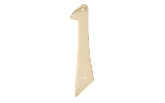 Number One Soild Brass House Number in a 4" size. Made of solid brass material - 1/16" thickness. Lacquered brass finish. Mounting nails included. #1 House Number. Hy-Ko Model No. BR-40/1. 029069200916