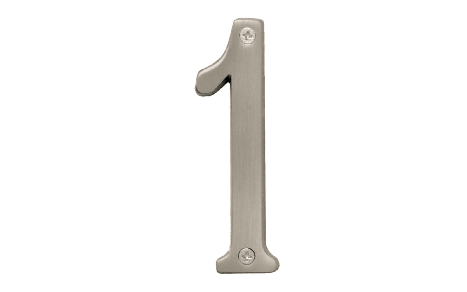 Number One House Number in a 4" size. Satin nickel finish. Includes two phillips flat head screws. #1 house number. Hy-Ko Model BR-43SN/1. Hardware house numbers for outdoors. Includes screws. 029069309312. #1 Satin Nickel House Number - 4" Size