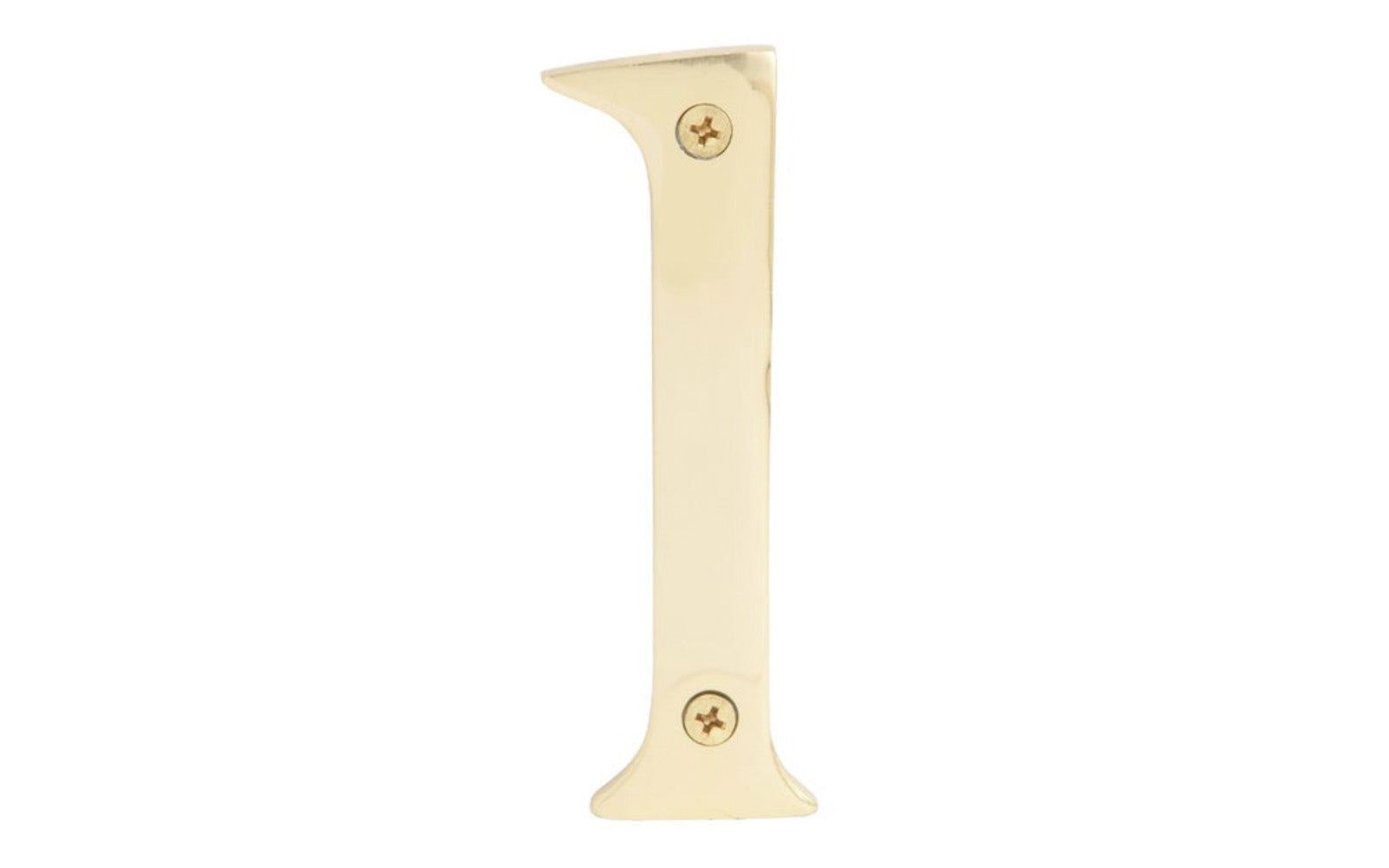 Number One Solid Brass House Number in a 4" Size. Made of solid brass material - 1/4" thickness. Lacquered brass finish. Includes two flat head phillips screws. #1 House Number. Hy-Ko Model No. BR-90/1. 029069104917