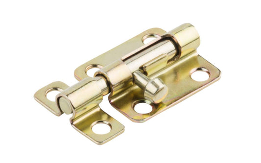 This 2-1/2" Brass-Plated Finish Barrel Bolt is designed for security applications on lightweight doors, chests, & cabinets. Use on vertical, horizontal, left or right hand applications. Includes six satin brass phillips screws. 2-1/2" width x 1-1/2" height. National Hardware Model No. N151-480. 038613151482