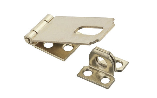 2-1/2" brass plated safety hasp is designed to secure a wide variety of cabinets, small doors, boxes, trunks, & more. For security, all screws are concealed when hasp is closed. Includes rigid, non-swivel staple. National Hardware Model N102-178. 038613102170. Plated to withstand weather conditions & prevent corrosion.