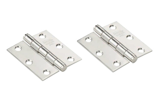 2-1/2" Stainless Door Hinges. Stainless steel material, 300 series, for maximum corrosion resistance & heavy-gauge material for added strength. Nob on hinge with square corners. Non-rising pin. 5 knuckle, full mortise design. Screw holes are countersunk. Removable pin. National Hardware Model N276-976. 038613276970. 