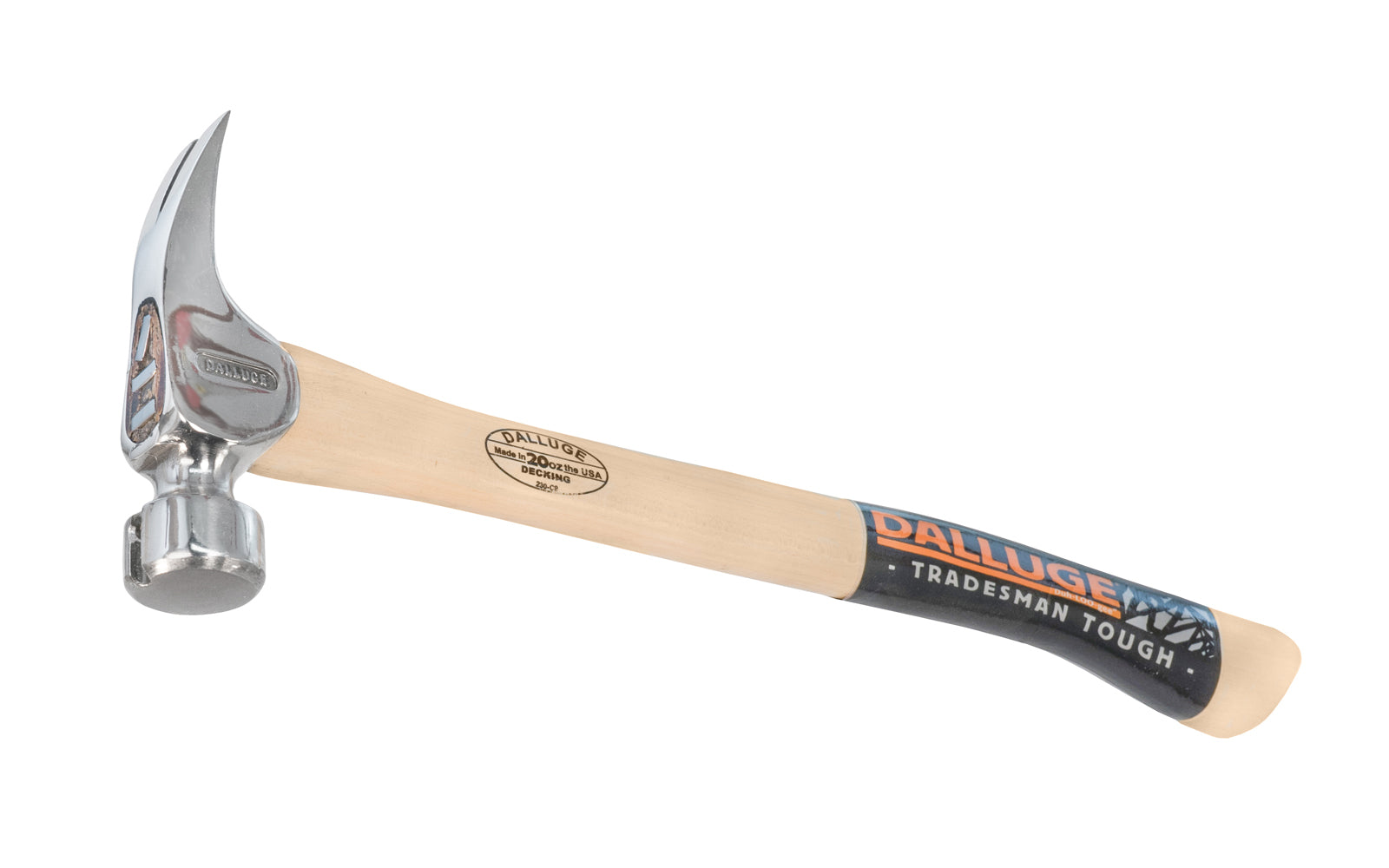 This 20 oz Dalluge Decking Hammer has a smooth face & "NaiLoc" magnetic nail holder as well. Curved Hickory hardwood handle. Model 2000C. 18" overall length. 698250020505