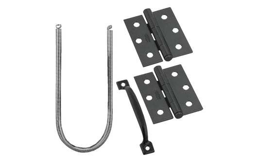 This hardware set is designed for wood screen & storm doors. Contains a pair of black finish 3" x 2-1/2" size hinges, a black finish screen door handle pull with 4-1/4" on centers, 16-3/8" long spring with hooks, &  hook & eye. The pins are removable for easy door installation. National Hardware Model N107-409.
