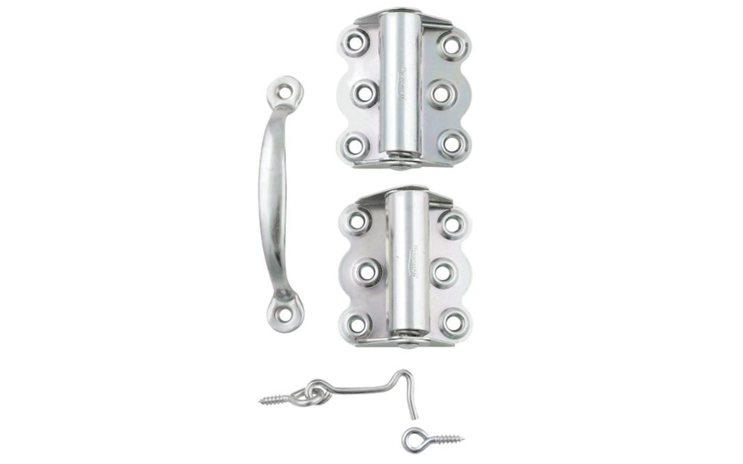 Zinc Plated Steel Screen / Storm Door Set is designed for wood screen & storm doors. Contains a pair of zinc plated 2-3/4" full surface spring hinges, a zinc plated screen door handle pull with 4-1/4" on centers, & a hook & eye. The tight pin with enclosed spring is for right or left hand applications.