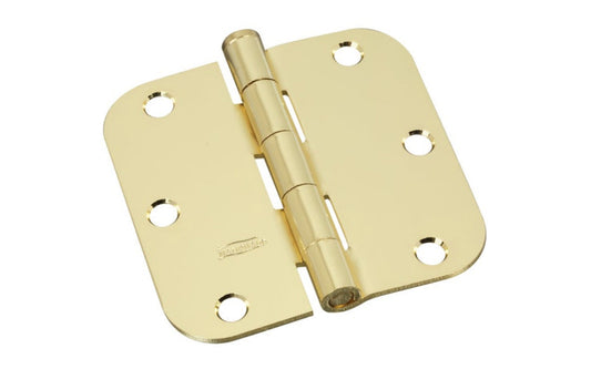 3-1/2" Bright Brass Door Hinge with 5/8" radius corners & a removable pin. Bright Brass finish on steel material. Countersunk holes. Includes flat head screws. 3-1/2" x 3-1/2" door hinge size. Five knuckle, full mortise design. National Hardware Model No. N830-206. 886780009460